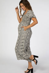 Black Floral Satin Smocked Square Neck Maternity Jumpsuit