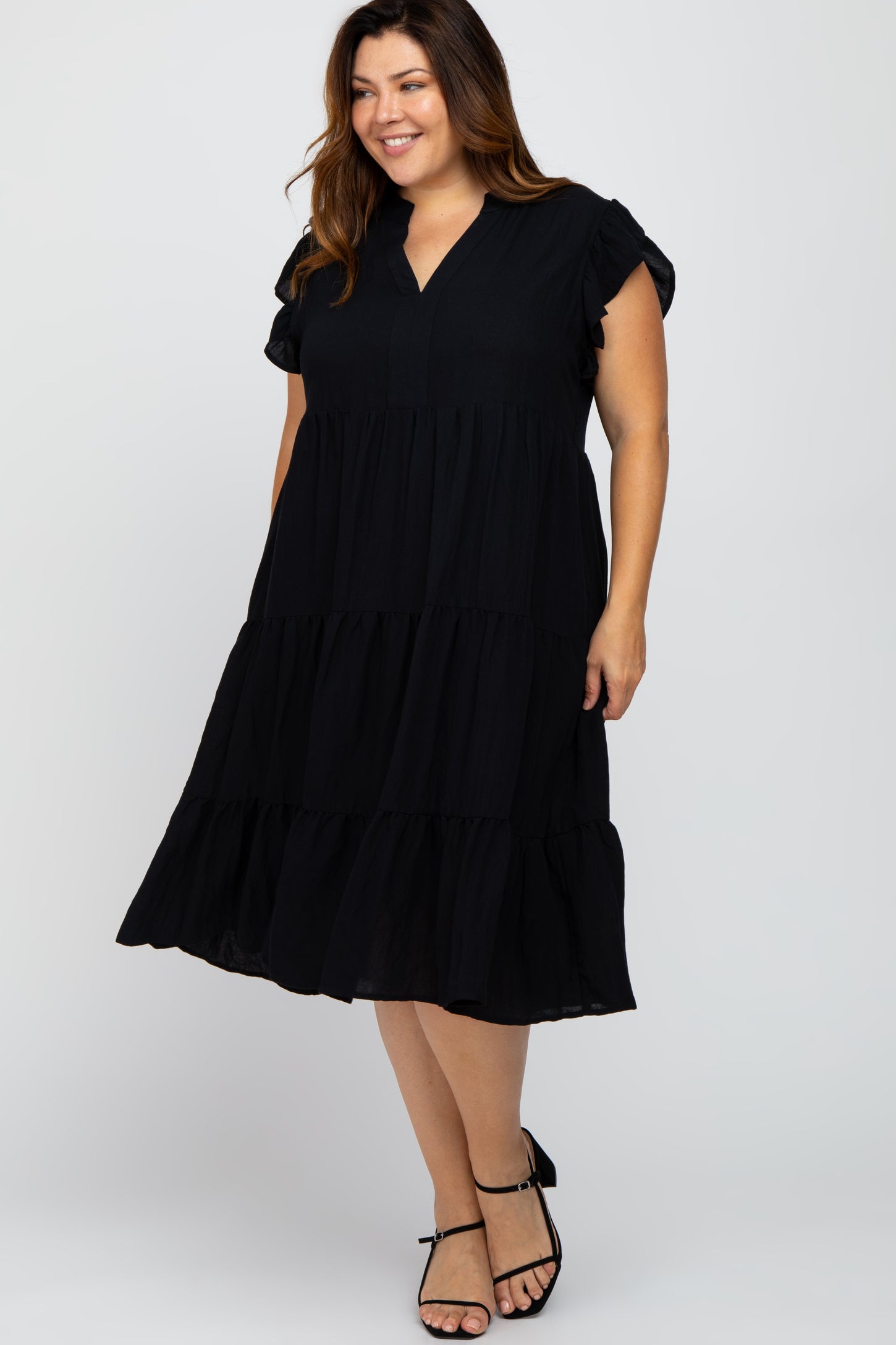 Black Ruffle Sleeve Tired Maternity Plus Dress– PinkBlush