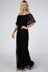 Black Lace Overlay Off Shoulder Flounce Maxi Dress