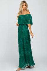 Forest Green Lace Overlay Off Shoulder Flounce Maxi Dress