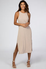 Beige Ribbed Side Slit Maternity Midi Dress