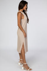 Beige Ribbed Side Slit Midi Dress