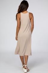 Beige Ribbed Side Slit Midi Dress