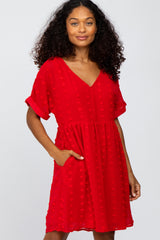 Red V-Neck Swiss Dot Dress