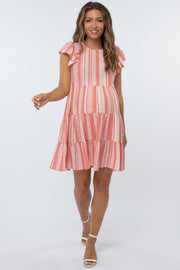 Salmon Multi-Printed Tiered Maternity Dress