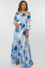 Blue Floral Off Shoulder Maternity Maxi Dress