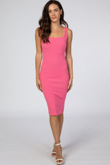 Pink Ribbed Square Neck Maternity Dress