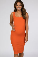 Orange Ribbed Square Neck Maternity Dress