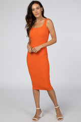 Orange Ribbed Square Neck Maternity Dress