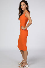 Orange Ribbed Square Neck Dress