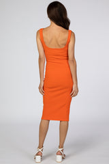 Orange Ribbed Square Neck Dress