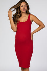 Red Ribbed Square Neck Maternity Dress