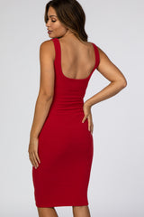 Red Ribbed Square Neck Maternity Dress