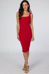 Red Ribbed Square Neck Dress