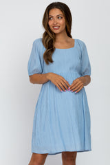 Light Blue Puff Sleeve Textured Maternity Dress