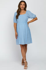 Light Blue Puff Sleeve Textured Maternity Dress