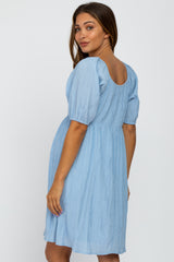 Light Blue Puff Sleeve Textured Maternity Dress