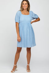 Light Blue Puff Sleeve Textured Dress