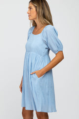 Light Blue Puff Sleeve Textured Dress