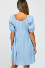 Light Blue Puff Sleeve Textured Dress