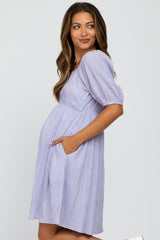 Lavender Puff Sleeve Textured Maternity Dress