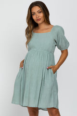 Light Olive Puff Sleeve Textured Maternity Dress