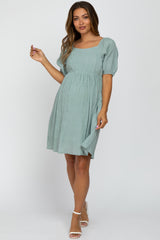 Light Olive Puff Sleeve Textured Maternity Dress