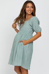 Light Olive Puff Sleeve Textured Maternity Dress