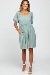 Light Olive Puff Sleeve Textured Maternity Dress