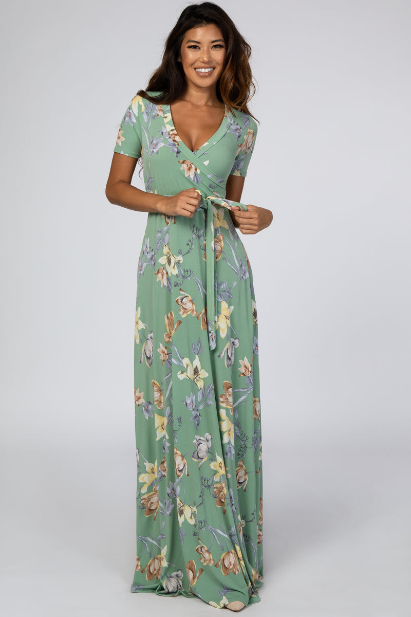 Light Olive Floral Wrap Dress– PinkBlush