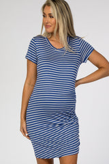 Blue Striped Wrap Maternity T-Shirt Dress