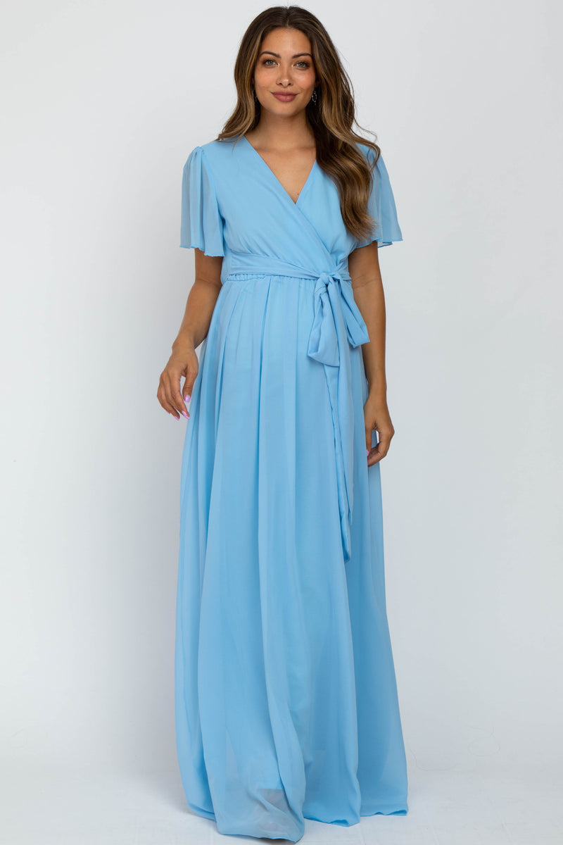 Light Blue Chiffon Short Sleeve Maternity Maxi Dress – PinkBlush