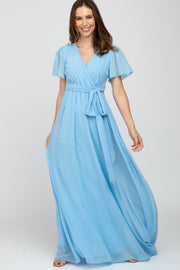 Light Blue Chiffon Short Sleeve Maxi Dress