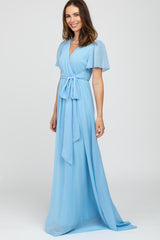 Light Blue Chiffon Short Sleeve Maxi Dress