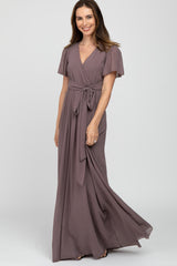 Mauve Chiffon Short Sleeve Maxi Dress