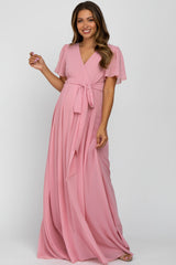 Pink Chiffon Short Sleeve Maternity Maxi Dress