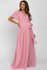 Pink Chiffon Short Sleeve Maternity Maxi Dress