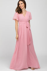 Pink Chiffon Short Sleeve Maxi Dress