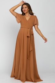 Camel Chiffon Short Sleeve Maternity Maxi Dress