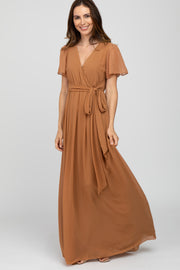 Camel Chiffon Short Sleeve Maxi Dress