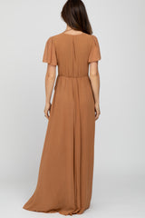 Camel Chiffon Short Sleeve Maxi Dress