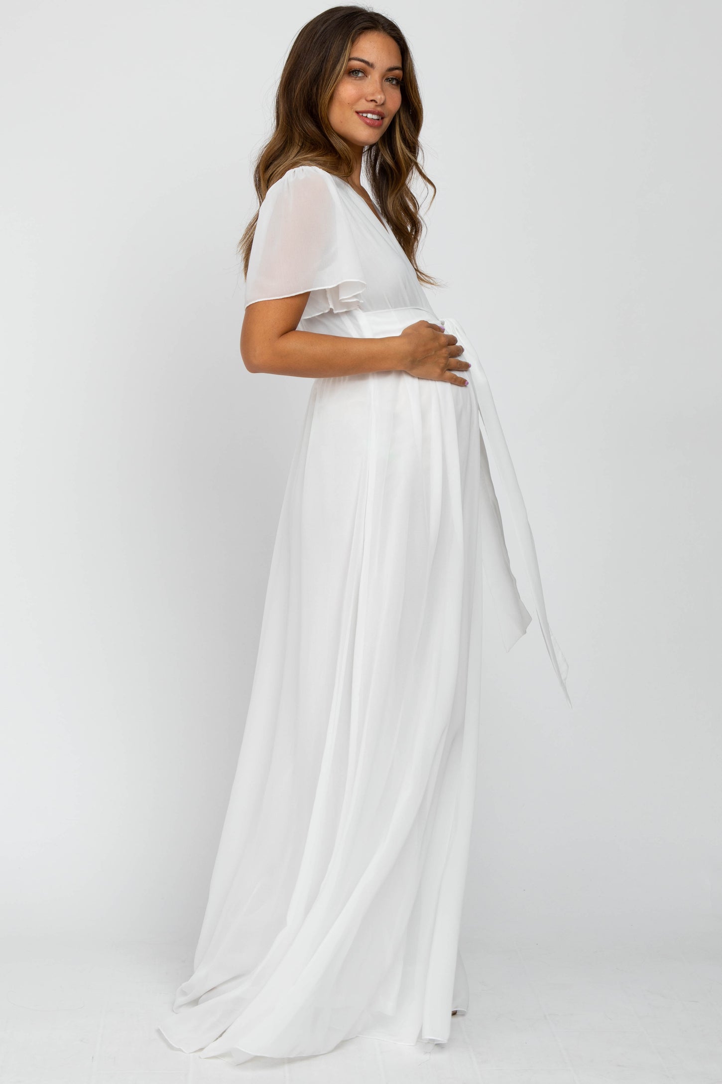 White Chiffon Short Sleeve Maternity Maxi Dress– PinkBlush