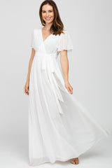 White Chiffon Short Sleeve Maternity Maxi Dress