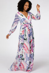 Blue Chiffon Stripe Print Maternity Maxi Dress