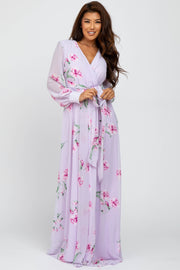 Lavender Floral Chiffon Long Sleeve Pleated Maxi Dress