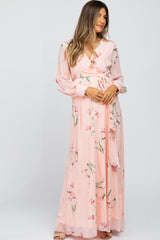 Peach Chiffon Long Sleeve Pleated Maternity Maxi Dress