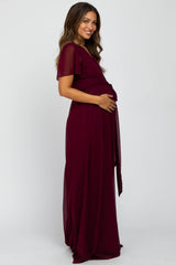 Burgundy Chiffon Short Sleeve Maternity Maxi Dress