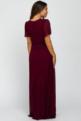 Burgundy Chiffon Short Sleeve Maternity Maxi Dress