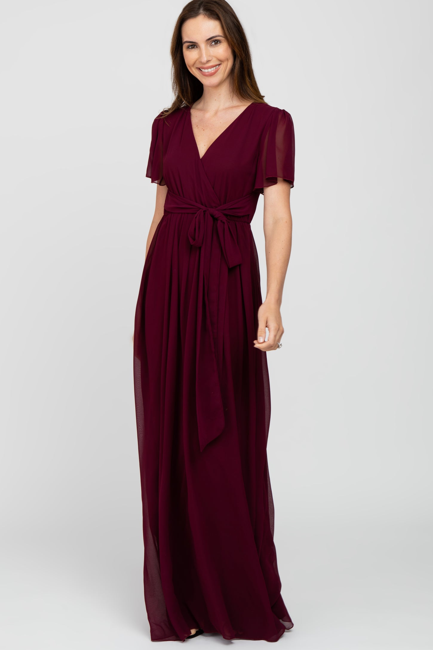 Burgundy Chiffon Short Sleeve Maternity Maxi Dress– PinkBlush