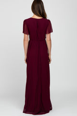 Burgundy Chiffon Short Sleeve Maxi Dress